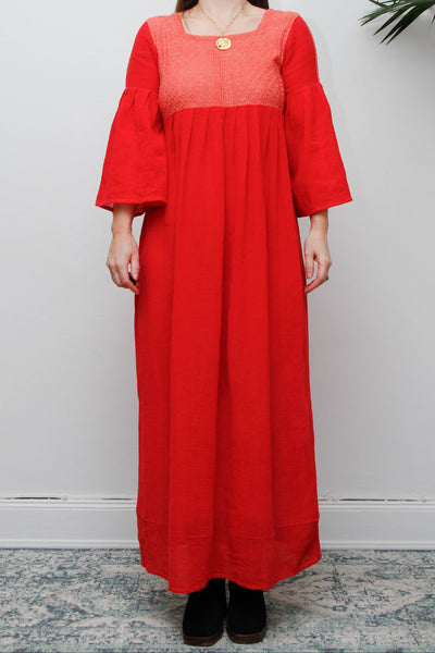 Vintage 1970s Red Cheesecloth Cotton Maxi Dress, Bohemian Kaftan Sleeves