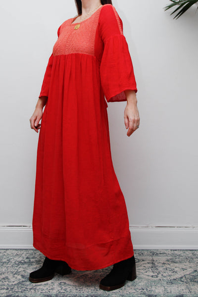 Vintage 1970s Red Cheesecloth Cotton Maxi Dress, Bohemian Kaftan Sleeves
