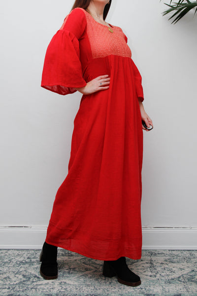 Vintage 1970s Red Cheesecloth Cotton Maxi Dress, Bohemian Kaftan Sleeves