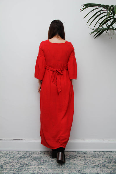 Vintage 1970s Red Cheesecloth Cotton Maxi Dress, Bohemian Kaftan Sleeves
