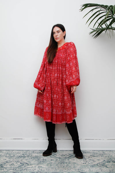 Rare Vintage Indian Cotton Gauze Print Dress with Billowing Poet Sleeves