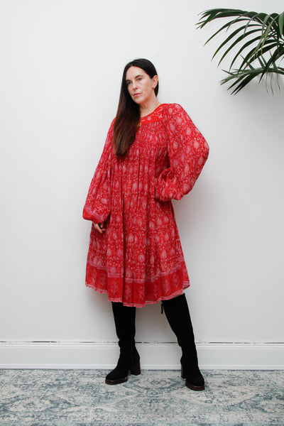 Rare Vintage Indian Cotton Gauze Print Dress with Billowing Poet Sleeves