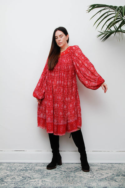 Rare Vintage Indian Cotton Gauze Print Dress with Billowing Poet Sleeves