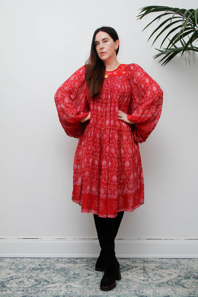 Rare Vintage Indian Cotton Gauze Print Dress with Billowing Poet Sleeves