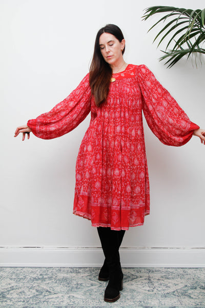 Rare Vintage Indian Cotton Gauze Print Dress with Billowing Poet Sleeves