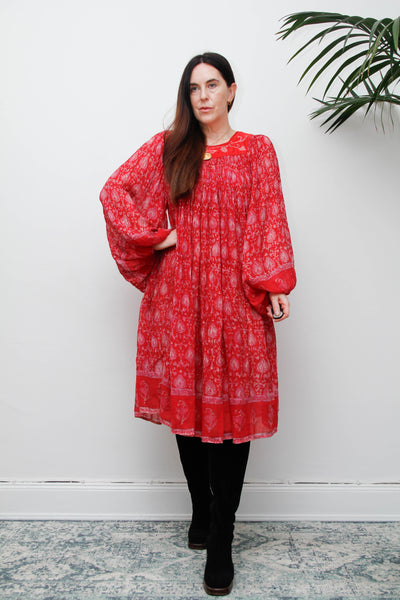 Rare Vintage Indian Cotton Gauze Print Dress with Billowing Poet Sleeves