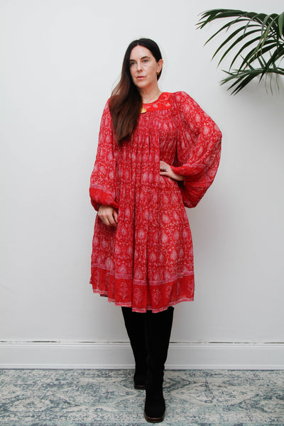 Rare Vintage Indian Cotton Gauze Print Dress with Billowing Poet Sleeves