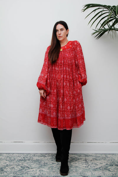 Rare Vintage Indian Cotton Gauze Print Dress with Billowing Poet Sleeves