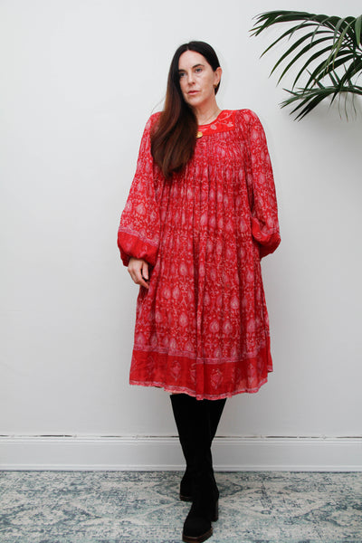 Rare Vintage Indian Cotton Gauze Print Dress with Billowing Poet Sleeves
