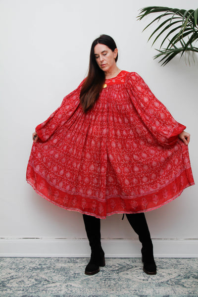 Rare Vintage Indian Cotton Gauze Print Dress with Billowing Poet Sleeves
