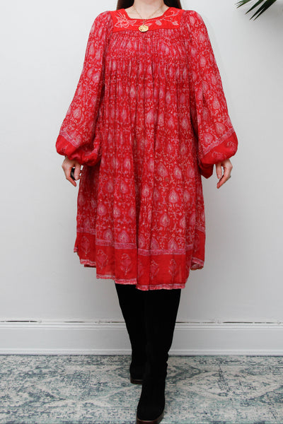 Rare Vintage Indian Cotton Gauze Print Dress with Billowing Poet Sleeves