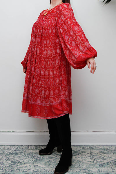 Rare Vintage Indian Cotton Gauze Print Dress with Billowing Poet Sleeves