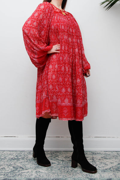 Rare Vintage Indian Cotton Gauze Print Dress with Billowing Poet Sleeves