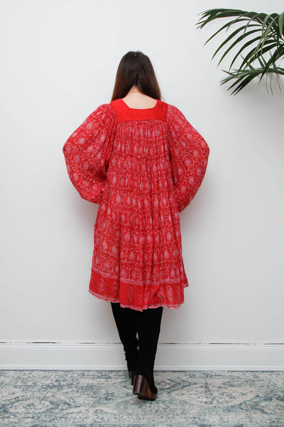 Rare Vintage Indian Cotton Gauze Print Dress with Billowing Poet Sleeves