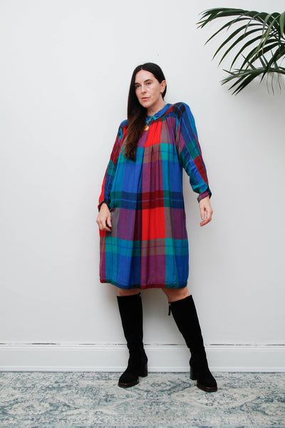 Vintage 1980s Tartan Plaid Dress, Batwing Sleeves & Peter Pan Collar