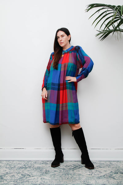 Vintage 1980s Tartan Plaid Dress, Batwing Sleeves & Peter Pan Collar