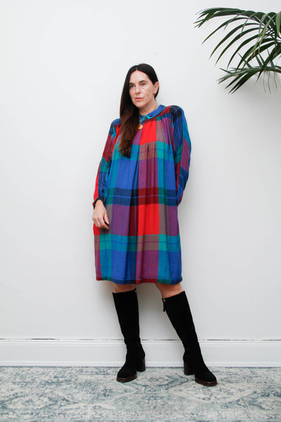 Vintage 1980s Tartan Plaid Dress, Batwing Sleeves & Peter Pan Collar