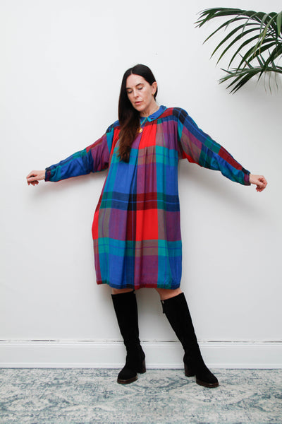 Vintage 1980s Tartan Plaid Dress, Batwing Sleeves & Peter Pan Collar