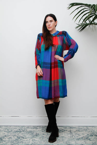 Vintage 1980s Tartan Plaid Dress, Batwing Sleeves & Peter Pan Collar