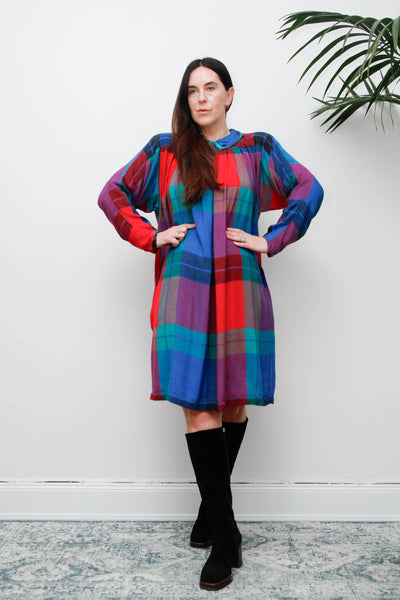 Vintage 1980s Tartan Plaid Dress, Batwing Sleeves & Peter Pan Collar