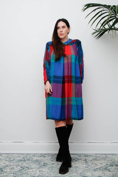Vintage 1980s Tartan Plaid Dress, Batwing Sleeves & Peter Pan Collar