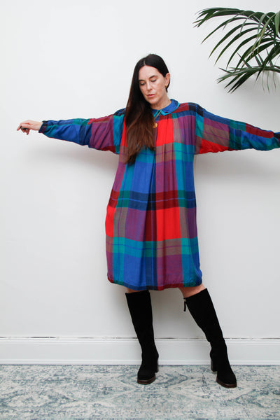 Vintage 1980s Tartan Plaid Dress, Batwing Sleeves & Peter Pan Collar