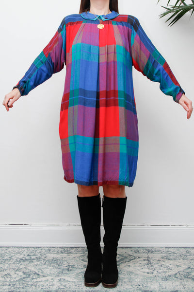 Vintage 1980s Tartan Plaid Dress, Batwing Sleeves & Peter Pan Collar