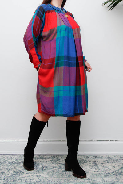 Vintage 1980s Tartan Plaid Dress, Batwing Sleeves & Peter Pan Collar