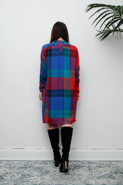 Vintage 1980s Tartan Plaid Dress, Batwing Sleeves & Peter Pan Collar