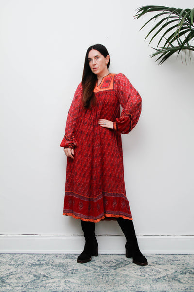 Rare Vintage Indian Cotton Gauze Dress, Raspberry & Orange Floral Bib