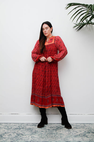 Rare Vintage Indian Cotton Gauze Dress, Raspberry & Orange Floral Bib