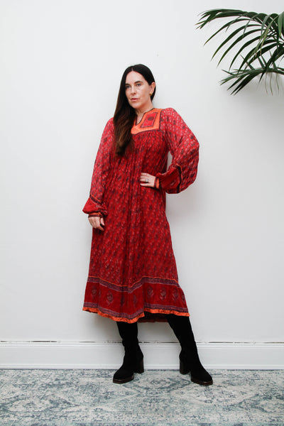 Rare Vintage Indian Cotton Gauze Dress, Raspberry & Orange Floral Bib