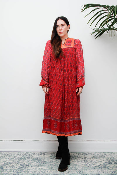 Rare Vintage Indian Cotton Gauze Dress, Raspberry & Orange Floral Bib