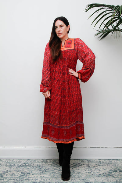Rare Vintage Indian Cotton Gauze Dress, Raspberry & Orange Floral Bib