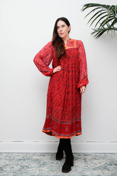 Rare Vintage Indian Cotton Gauze Dress, Raspberry & Orange Floral Bib