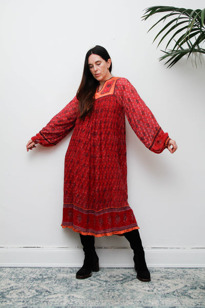 Rare Vintage Indian Cotton Gauze Dress, Raspberry & Orange Floral Bib