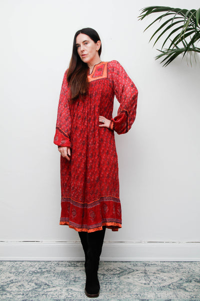 Rare Vintage Indian Cotton Gauze Dress, Raspberry & Orange Floral Bib