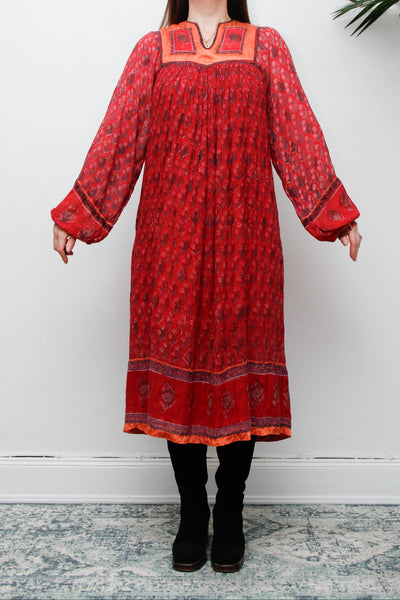 Rare Vintage Indian Cotton Gauze Dress, Raspberry & Orange Floral Bib