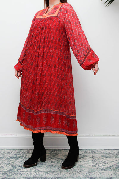 Rare Vintage Indian Cotton Gauze Dress, Raspberry & Orange Floral Bib