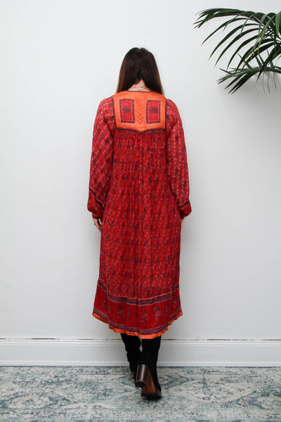 Rare Vintage Indian Cotton Gauze Dress, Raspberry & Orange Floral Bib