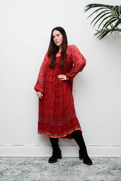 Rare Vintage Indian Cotton Gauze Dress, Raspberry & Orange Floral Bib
