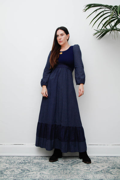 Vintage Cotton Prairie Maxi Dress, Navy Ditsy Floral & Victorian Sleeves