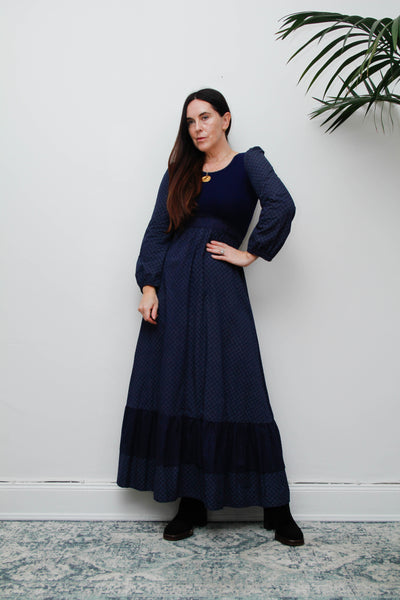Vintage Cotton Prairie Maxi Dress, Navy Ditsy Floral & Victorian Sleeves