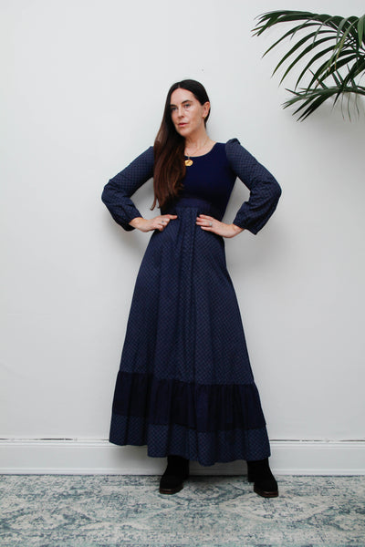 Vintage Cotton Prairie Maxi Dress, Navy Ditsy Floral & Victorian Sleeves