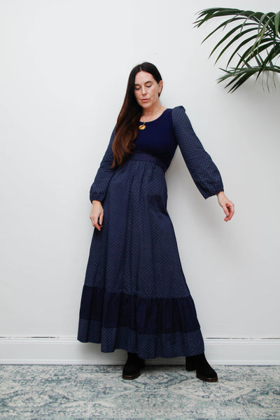 Vintage Cotton Prairie Maxi Dress, Navy Ditsy Floral & Victorian Sleeves