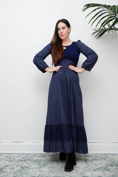 Vintage Cotton Prairie Maxi Dress, Navy Ditsy Floral & Victorian Sleeves