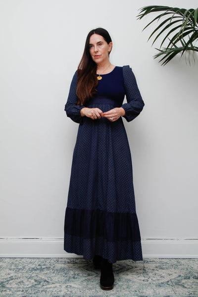 Vintage Cotton Prairie Maxi Dress, Navy Ditsy Floral & Victorian Sleeves