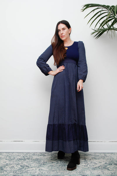 Vintage Cotton Prairie Maxi Dress, Navy Ditsy Floral & Victorian Sleeves