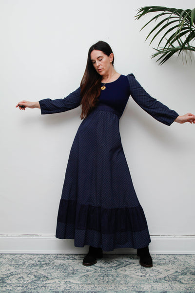 Vintage Cotton Prairie Maxi Dress, Navy Ditsy Floral & Victorian Sleeves