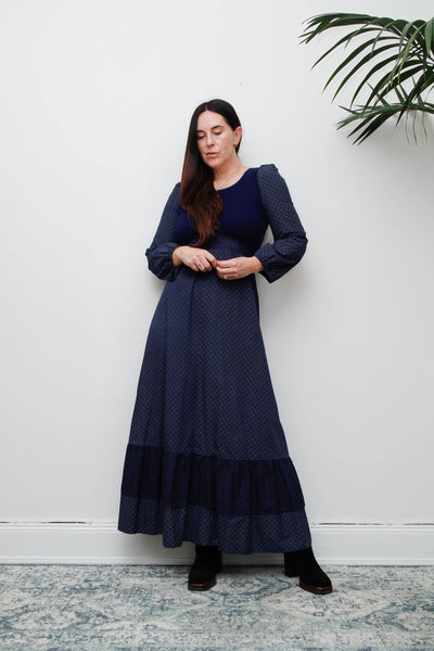 Vintage Cotton Prairie Maxi Dress, Navy Ditsy Floral & Victorian Sleeves